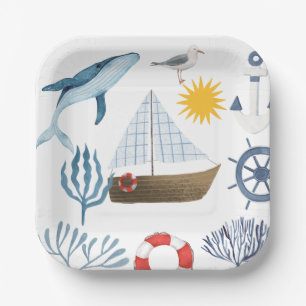Waterverf Nautilus Walvis Zeilboot Baby Shower Papieren Bordje