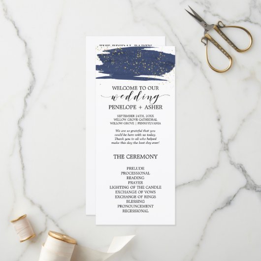 Waterverf Navy and Gold Sparkle Wedding Program Programma (Voorkant / Achterkant in situ)