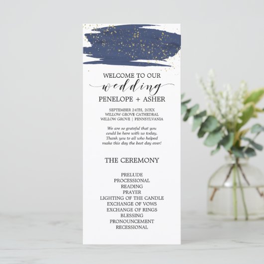 Waterverf Navy and Gold Sparkle Wedding Program Programma (Staand voorkant)
