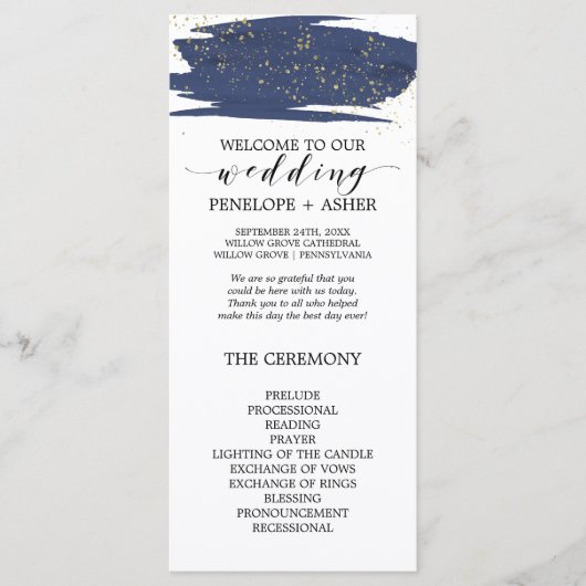 Waterverf Navy and Gold Sparkle Wedding Program Programma (Voorkant)