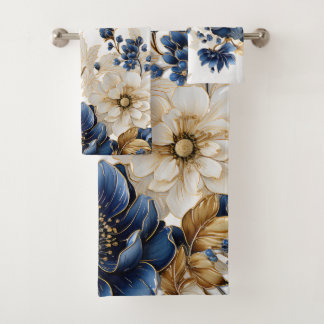 Waterverf Navy Blauw Wit Gouden Bloemen Zilver Bad Handdoek