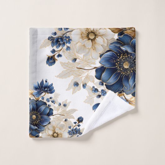 Waterverf Navy Blauw Wit Gouden Bloemen Zilver Bad Handdoek (Wasdoekje)