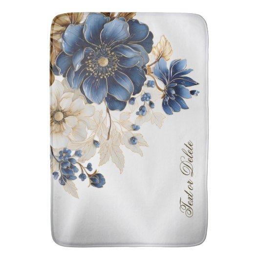 Waterverf Navy Blauw Wit Gouden Bloemen Zilver Badmat (Voorkant Verticaal)
