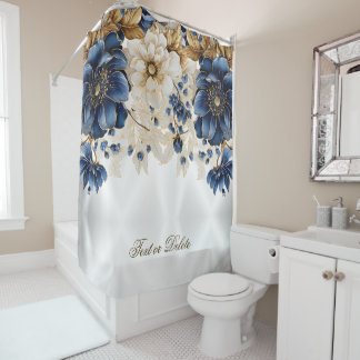 Waterverf Navy Blauw Wit Gouden Bloemen Zilver Douchegordijn