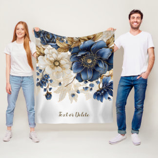 Waterverf Navy Blauw Wit Gouden Bloemen Zilver Fleece Deken
