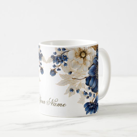 Waterverf Navy Blauw Wit Gouden Bloemen Zilver Koffiemok (Voorkant rechts)