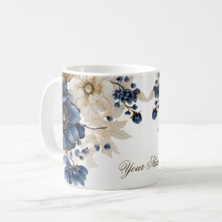 Waterverf Navy Blauw Wit Gouden Bloemen Zilver Koffiemok
