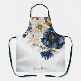 Waterverf Navy Blauw Wit Gouden Bloemen Zilver Schort