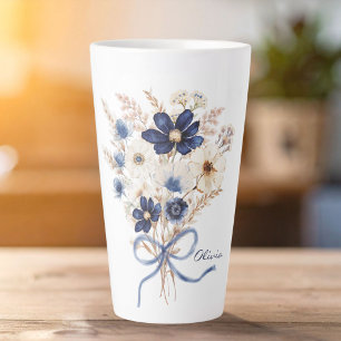 Waterverf Navy Blauwe Bloemboeket Persoonlijk Latte Mok