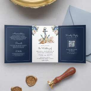 Waterverf Navy Blauwe Bloemige Anker QR Code Huwel Drieluik Uitnodiging