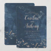 Waterverf Navy Blauwe Sterren Roze Gouden Bruiloft Kaart (Voorkant / Achterkant)