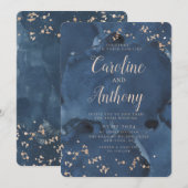 Waterverf Navy Blauwe Sterren Roze Gouden Trouw Kaart (Voorkant / Achterkant)