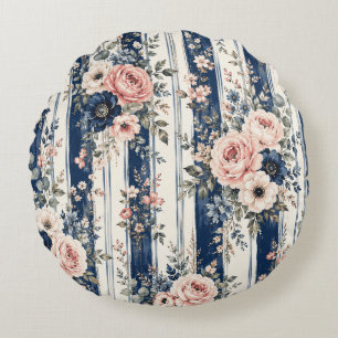Waterverf Navy Bloem Streep Patroon Ontwerp Rond Kussen