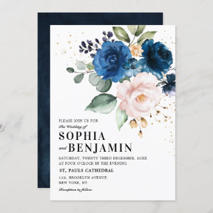 Waterverf Navy Blue Blush Roos Floral Wedding Kaart