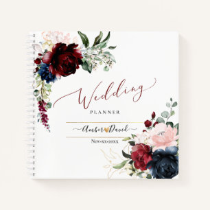 WATERVERF NAVY BLUE BURGUNDY WEDDING PLANNER NOTITIEBOEK