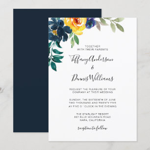 Waterverf Navy Blue en Yellow Floral Wedding  Kaart