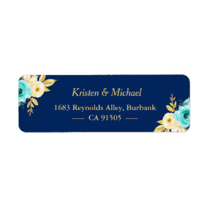 Waterverf Navy Blue Mint Gold Garden Floral Etiket