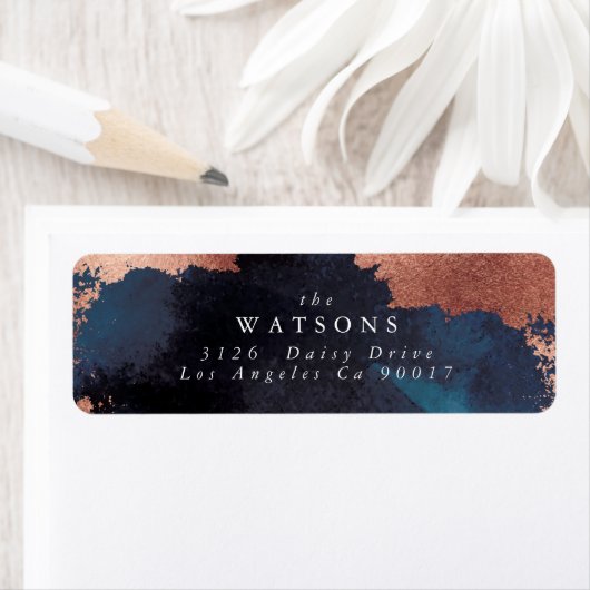 Waterverf Navy Blue Moody Roos Gold Wedding Etiket (Insitu)