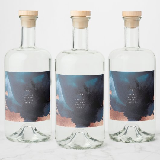 Waterverf Navy Blue Moody Roos Gold Wedding Likeurfles Etiket (Flessen)