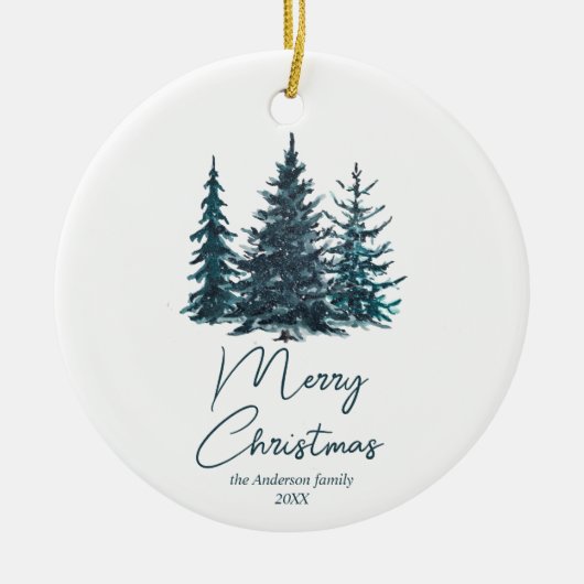 Waterverf Navy Blue Pine Trees Vrolijk Kerstfeest Keramisch Ornament (Voorkant)