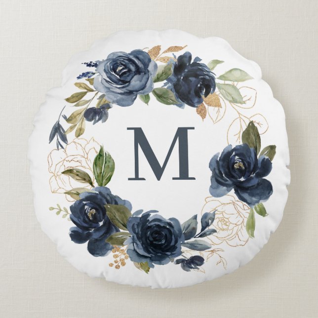 Waterverf Navy Blue Rozen Krans Goud Monogram Rond Kussen (Voorkant)