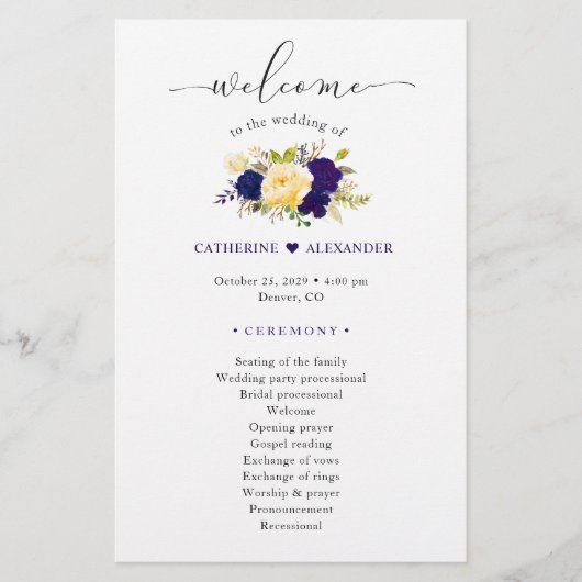 Waterverf Navy Blue Yellow Floral Wedding Programm (Voorkant)