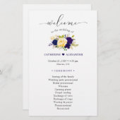 Waterverf Navy Blue Yellow Floral Wedding Programm (Voorkant / Achterkant)