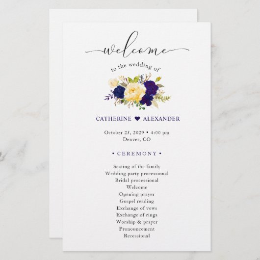 Waterverf Navy Blue Yellow Floral Wedding Programm (Voorkant / Achterkant)