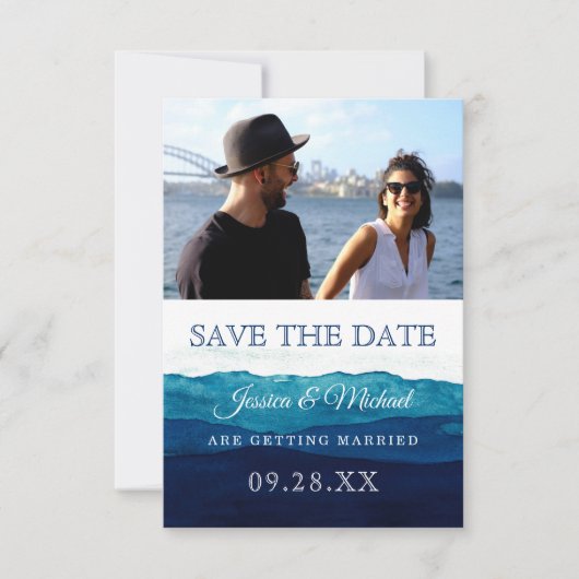 Waterverf Navy Deep Blue Foto Save The Date (Voorkant)