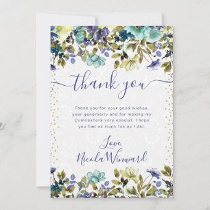 Waterverf Navy en Blauwe Bloemen Quinceanera Bedankkaart