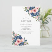Waterverf Navy en Blush Floral Baptism Kaart (Staand voorkant)