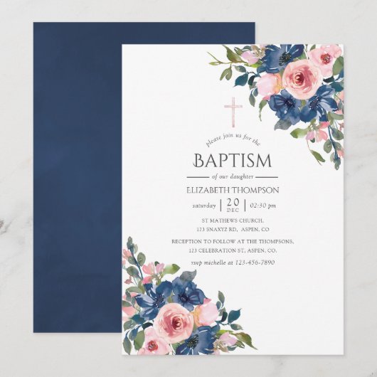 Waterverf Navy en Blush Floral Baptism Kaart (Voorkant / Achterkant)