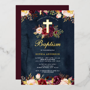 Waterverf Navy Gold Bourgondië Floral Baptism Folie Uitnodiging
