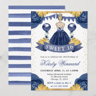 Waterverf Navy Jurk Blonde Prinses Sweet 16 Kaart