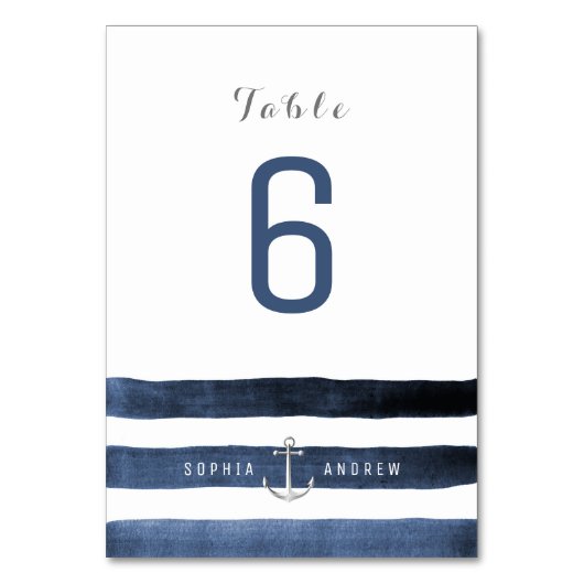 Waterverf Navy Stripes Beach Trouwtafel nummer Kaart (Voorkant)