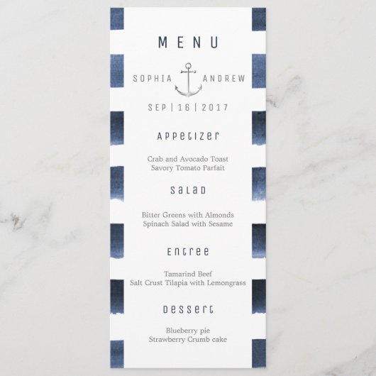 Waterverf Navy Stripes Strand bruiloft menu (Voorkant)