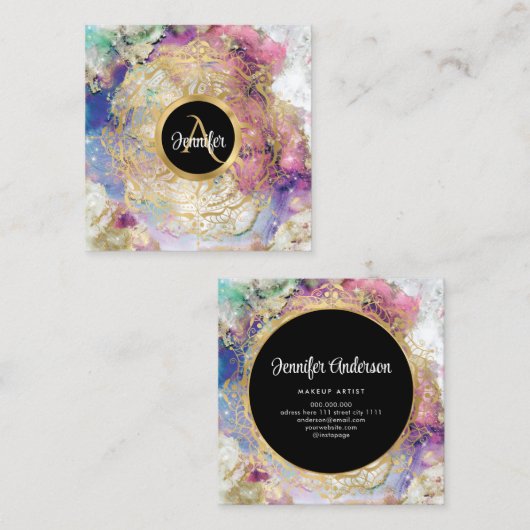 Waterverf nebula gold mandala modern monogramma vierkante visitekaartje (Voorkant / Achterkant)