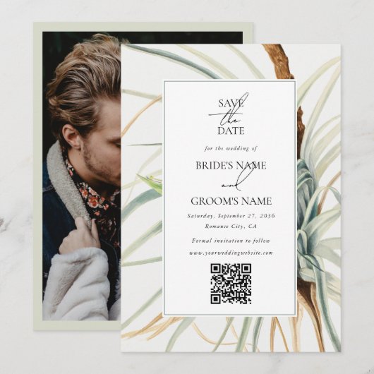 Waterverf Neutral Boho Botanische Foto Bruiloft Save The Date (Voorkant / Achterkant)