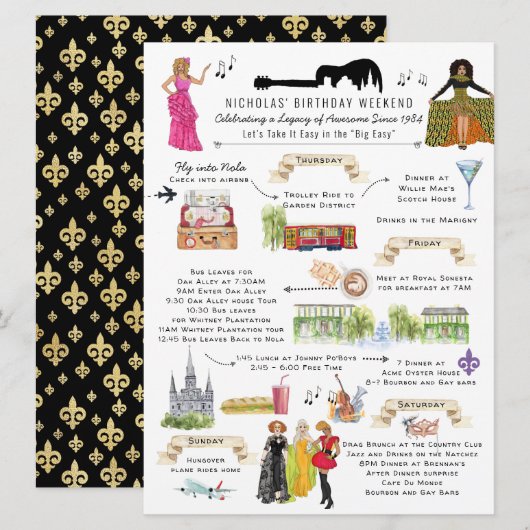 Waterverf New Orleans Verjaardag Weekend Route Kaart (Voorkant / Achterkant)