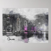 Waterverf Night Qatar Poster – Doha City Skyline (Voorkant)