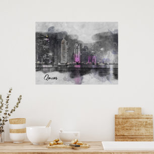 Waterverf Night Qatar Poster – Doha City Skyline