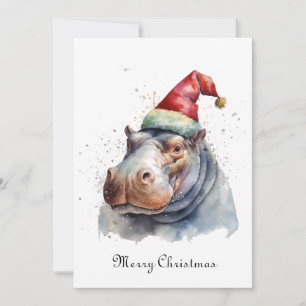 Waterverf Nijlpaard Kerstman Hoed Kerstkaart