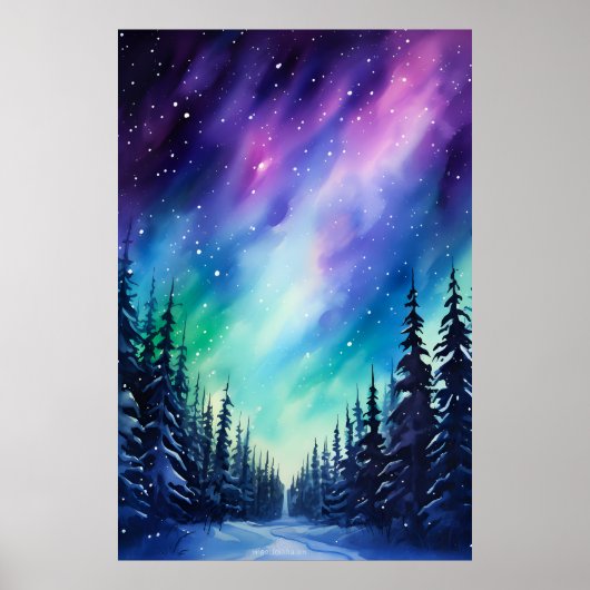 Waterverf noorderlicht aurora borealis poster (Voorkant)