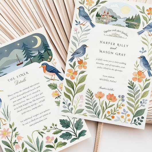 Waterverf Nordic Forest Birds Wedding Kaart