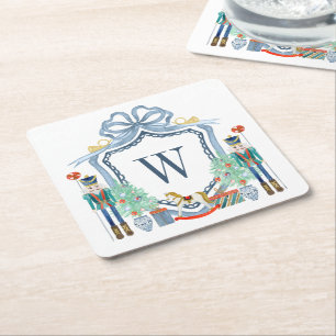 Waterverf Notenkraker Monogram Crest Christmas Vierkante Kartonnen Onderzetter
