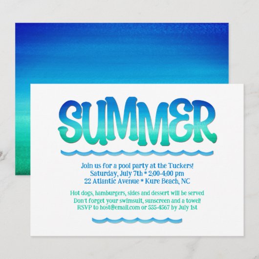 Waterverf Oceaan Blauwe & Groene Golven Zomerfeest Kaart (Voorkant / Achterkant)