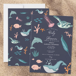 Waterverf Oceaan Zee Dieren Blauw Baby shower Kaart