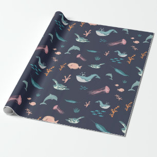Waterverf Oceaan Zee Dieren Blauw Patroon Cadeaupapier