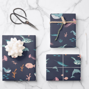 Waterverf Oceaan Zee Dieren Blauw Patroon Inpakpapier Vel