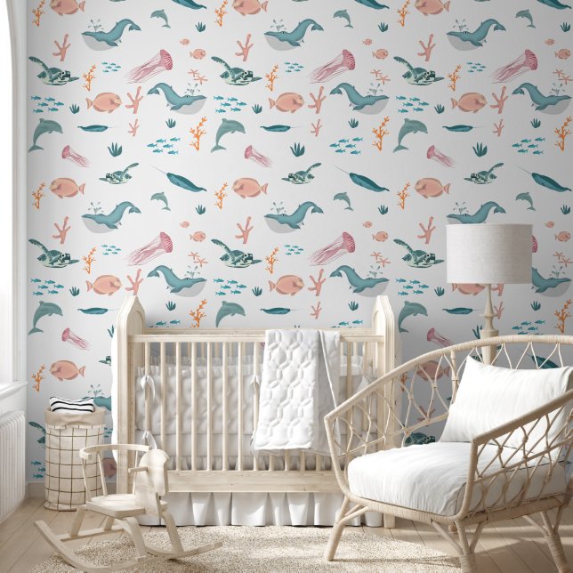 Waterverf Oceaan Zee Dieren Blush Pattern Kwekerij Behang (Kinderen)
